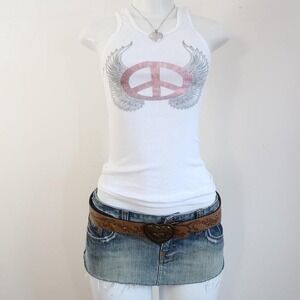 y2k pink peace sign angel wings graphic tank white ribbed baby tee size S